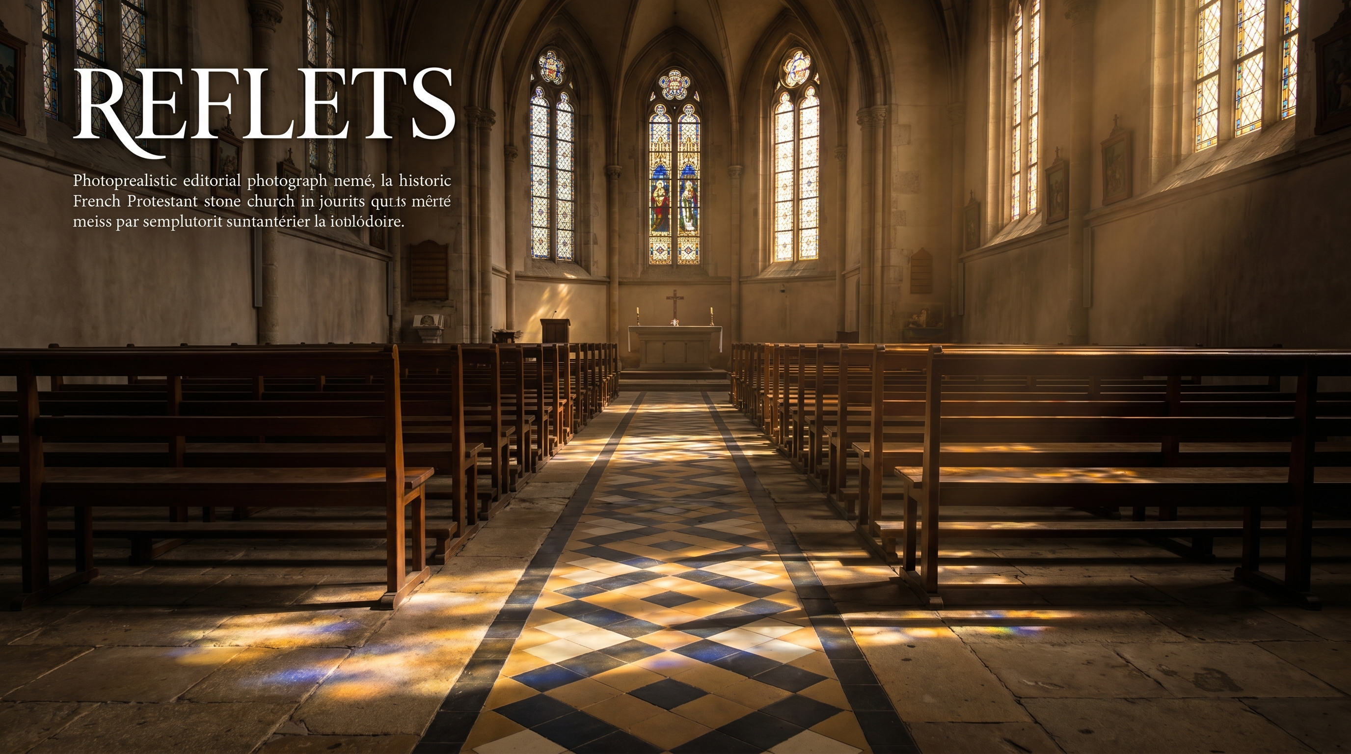 Table et lignes horizontales sobres, évocation abstraite d'un lieu de culte protestant.
