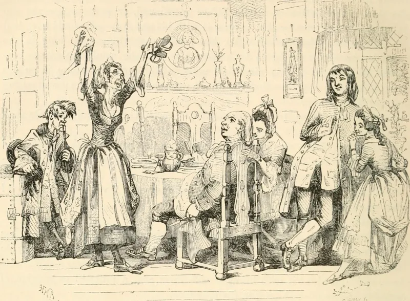 Illustration ancienne représentant deux personnages dans une scène de réconciliation chargée d'émotion